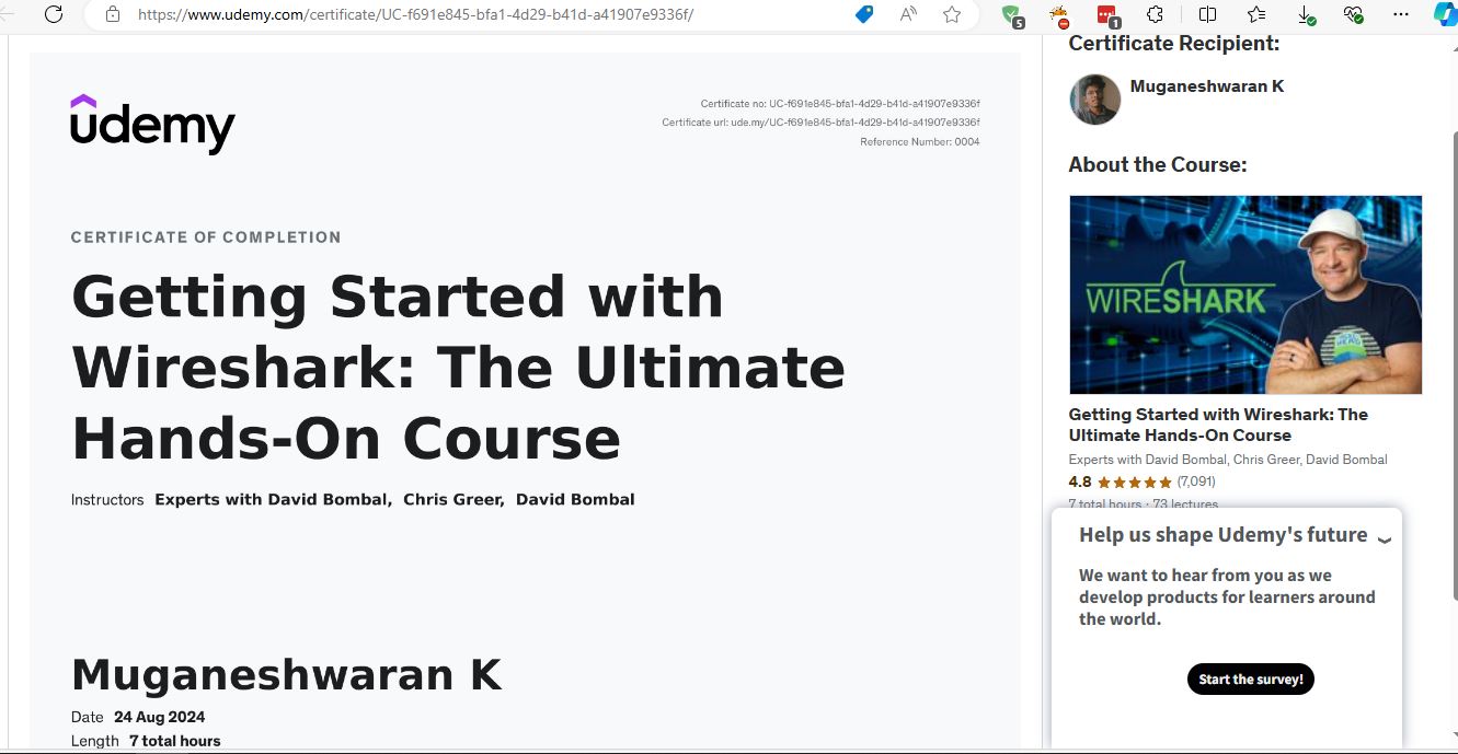 Udemy Wireshark Course Certificate