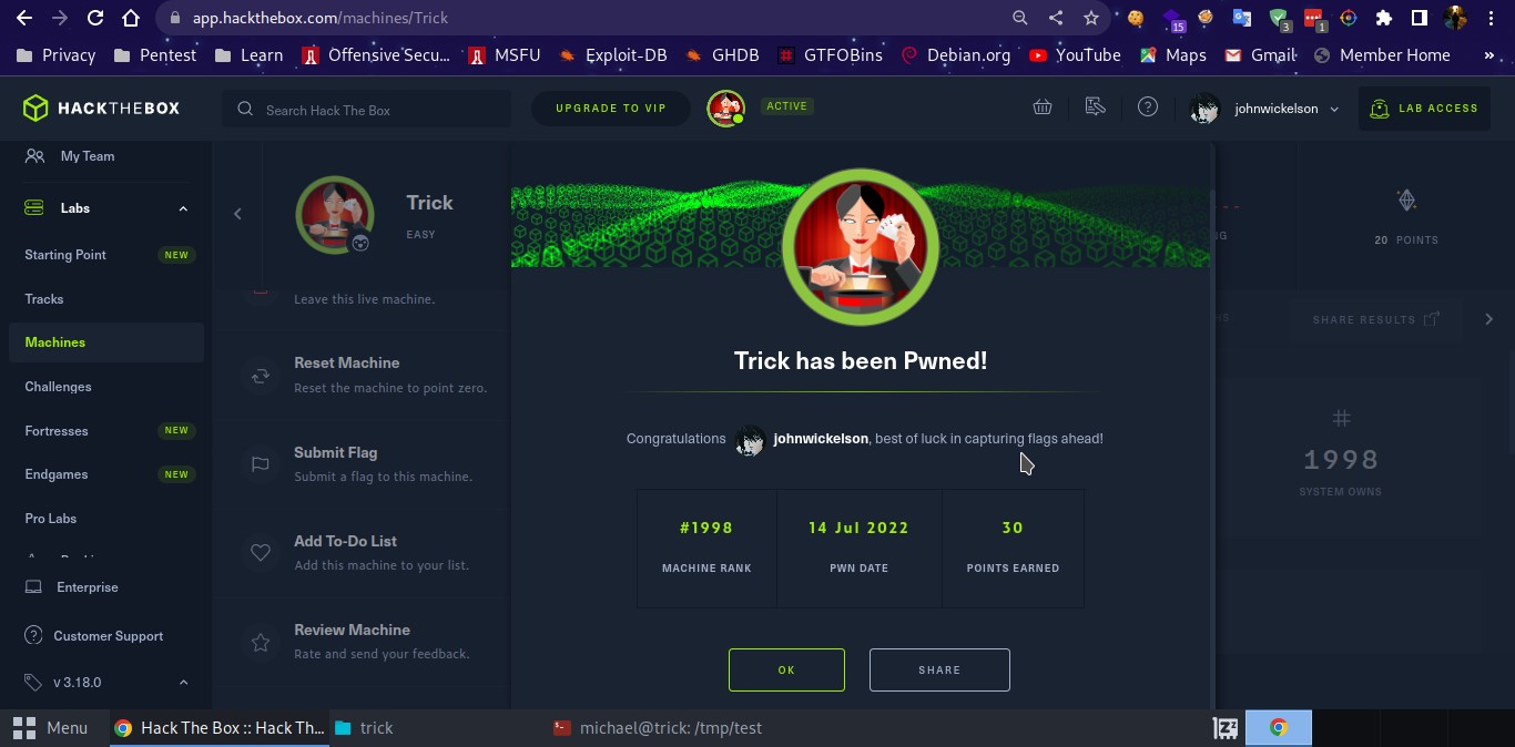 HackTheBox 'Trick' machine details